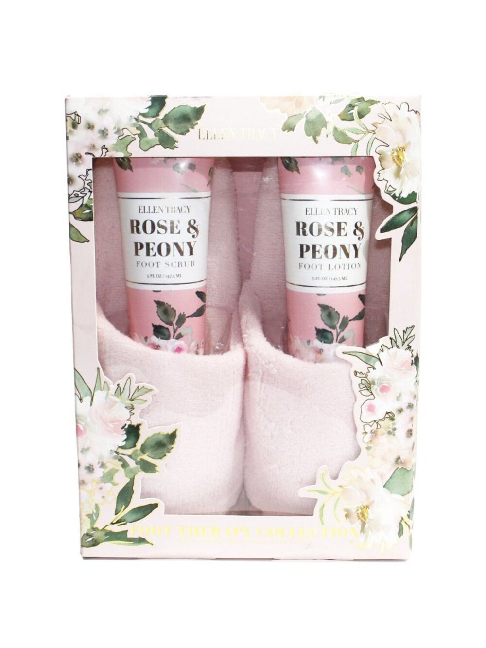 Ellen Tracy Foot Care Collection 3 Pc Set Rose & Peony Foot Scrub Lotion Slipper